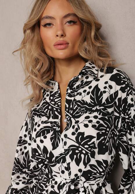 Czarno-Biała Mini Sukienka o Rozkloszowanym Koszulowym Fasonie w Kwiatowy Print Enda