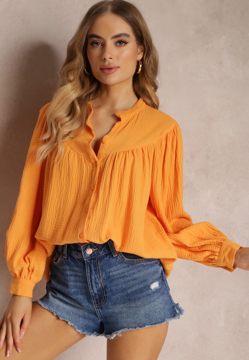 Pomarańczowa Bawełniana Koszula z Guzikami i Długimi Rękawami Werica