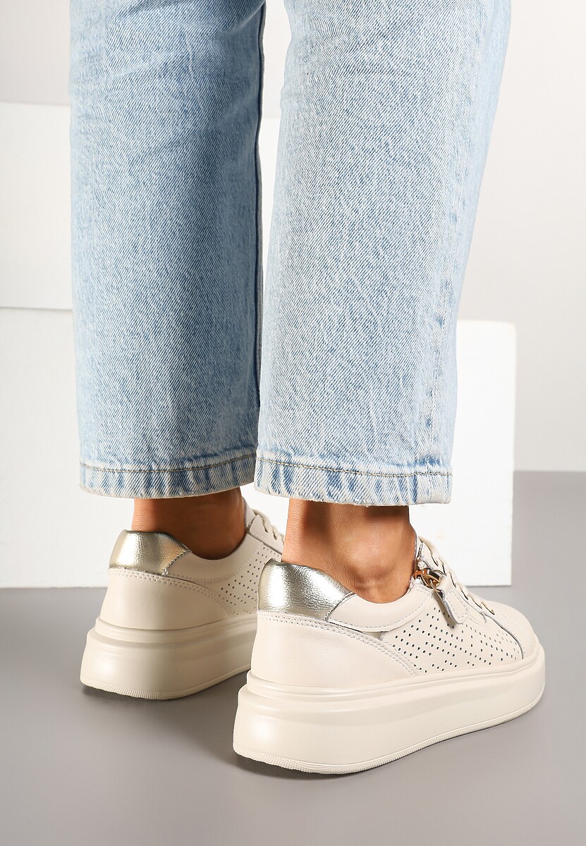 Beżowe Sneakersy ze Skóry Naturalnej ze Skórzaną Wkładką i Perforacją Falothra