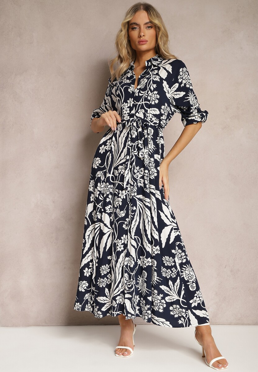 Granatowo-Biała Sukienka o Długim Koszulowym Fasonie z Wzorem w Kwiaty Seraplle