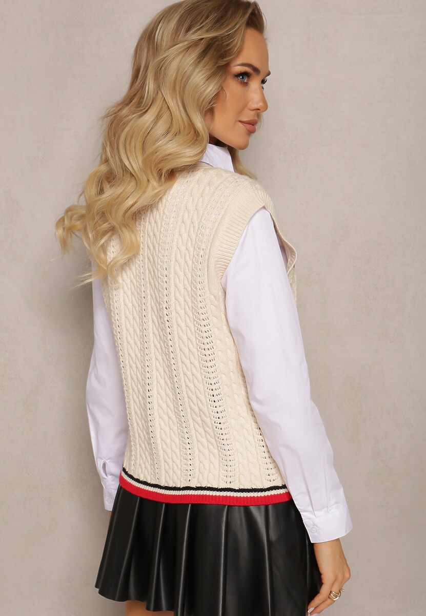 Beżowa Kamizelka z Grubo Plecionej Dzianiny Zapinana na Guziki Meliania
