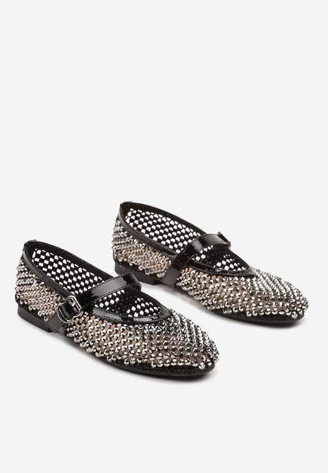Czarne Siateczkowe Balerinki z Paskiem z Błyszczącymi Cyrkoniami Lisabia