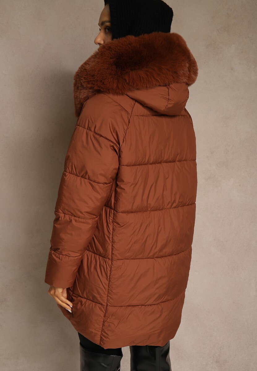 Brązowa Pudełkowa Kurtka Pikowana Ozdobiona Odpinanym Futerkiem i Suwakiem Hedizelle