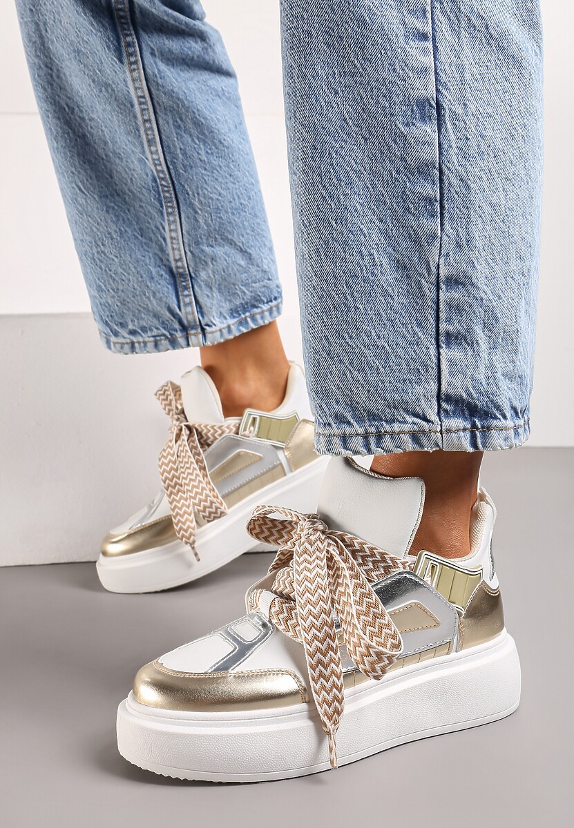 Biało-Złote Sneakersy Na Niskiej Platformie z Szerokimi Sznurówkami we Wzorek Vidira