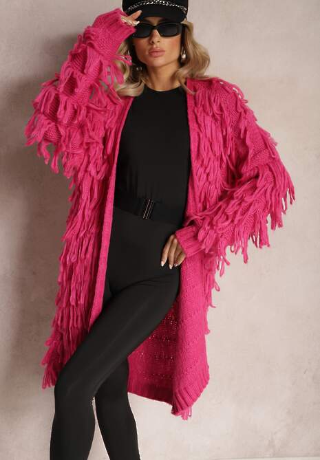 Fuksjowy Niezapinany Kardigan w Ozdobne Frędzle Massawa