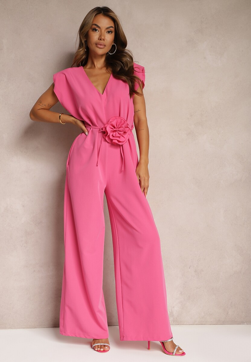 Różowy Kombinezon Wykończony Prostymi Szerokimi Nogawkami z Wiskozą i Kwiatem 3D Dimentia