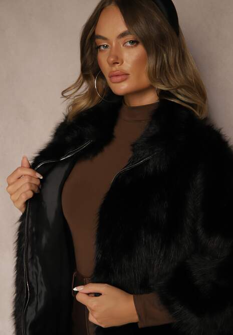 Czarna Kurtka Futerko z Kołnierzem i Szerokimi Rękawami 3/4 Zapinana na Suwak Clauda