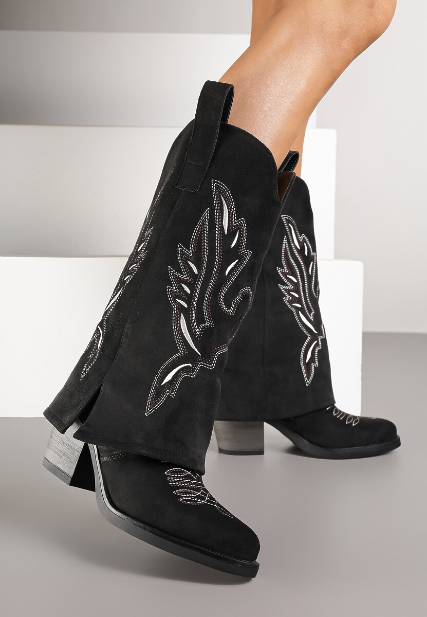 Czarne Kozaki w Stylu Kowbojek na Słupku z Haftem i Wywiniętą Cholewką Emmiste