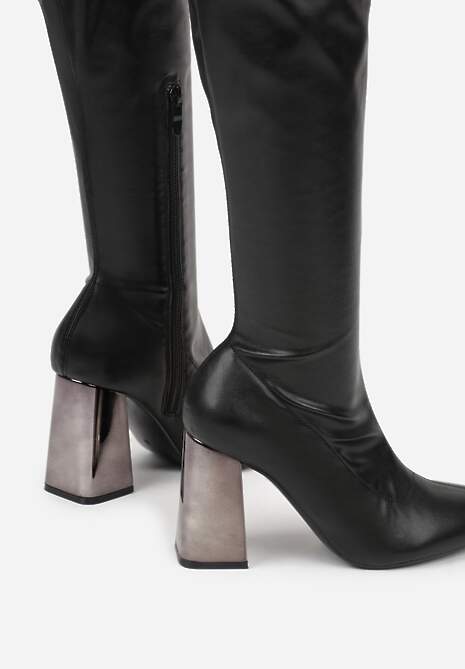 Czarne Eleganckie Kozaki Vices na Metalicznym Słupku z Dopasowaną Cholewką Nianesa