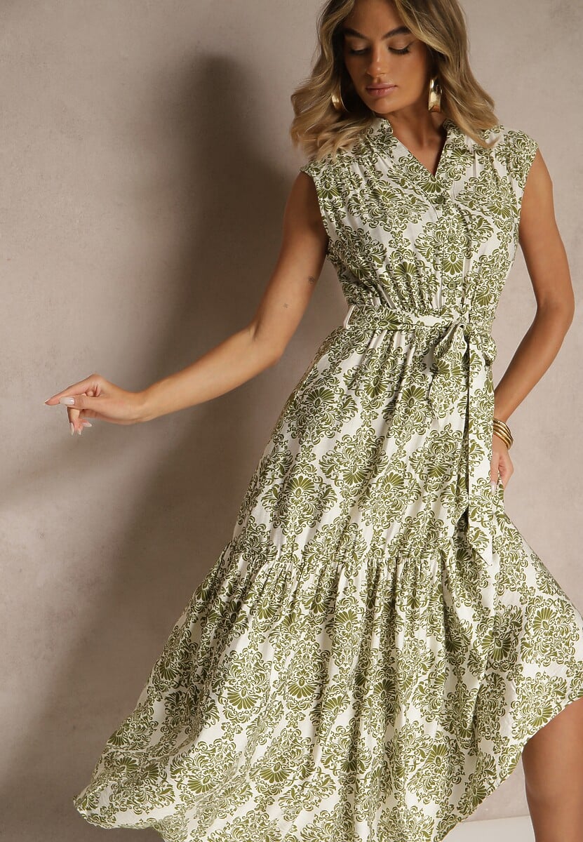 Zielona Sukienka z Wiskozy Bez Rękawów z Paskiem z Wiązaniem Filanesse