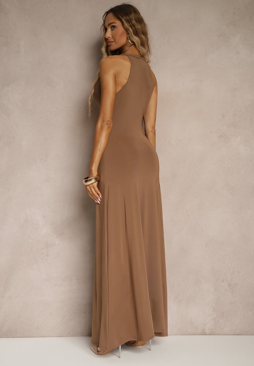 Brązowa Marszczona Sukienka z Wiskozą o Rozkloszowanym Fasonie Bez Rękawów Folonea