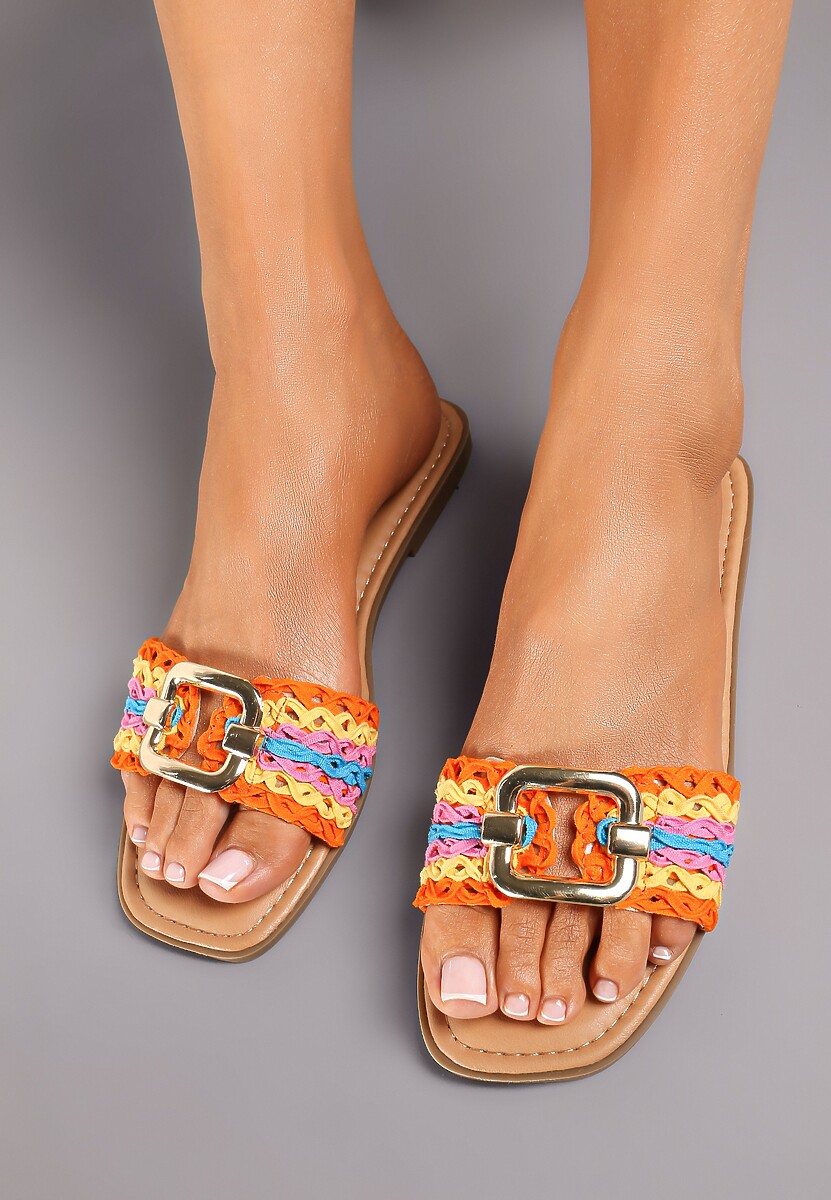 Pomarańczowo-Niebieskie Płaskie Klapki ze Złotą Klamrą Efimue