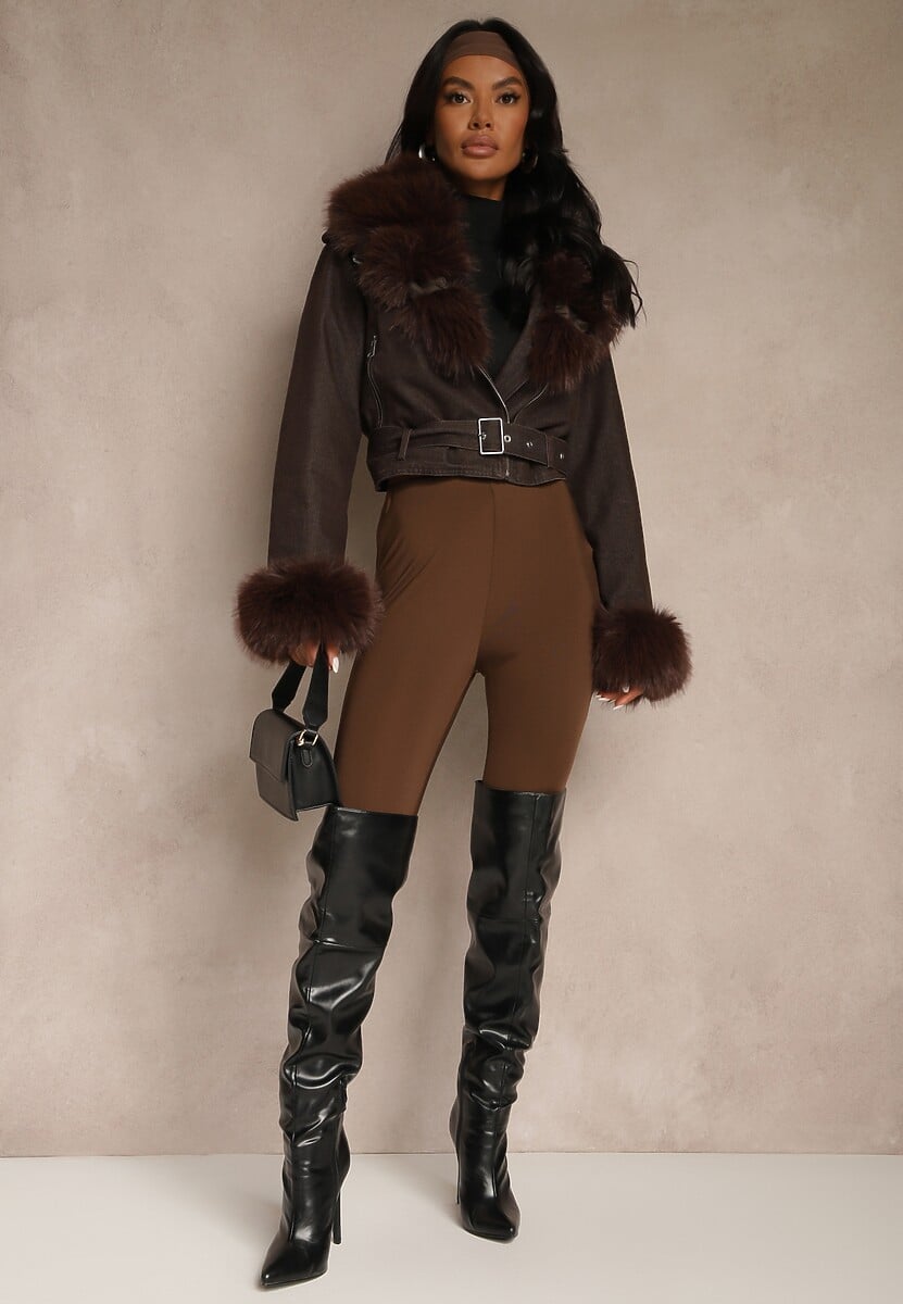 Brązowa Kurtka o Kroju Ramoneski z Ociepleniem Zdobiona Futrem Mevindana