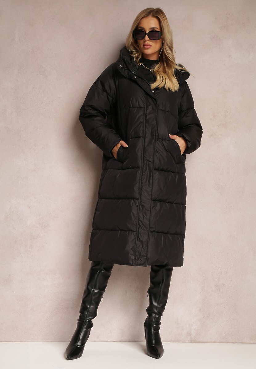 Czarna Kurtka za Kolano Pikowana z Kapturem Nafesa