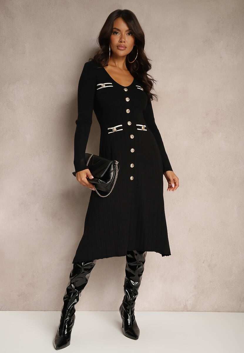 Czarna Rozkloszowana Sukienka z Wiskozą Imitacją Kieszeni  i Guzikami Izadria