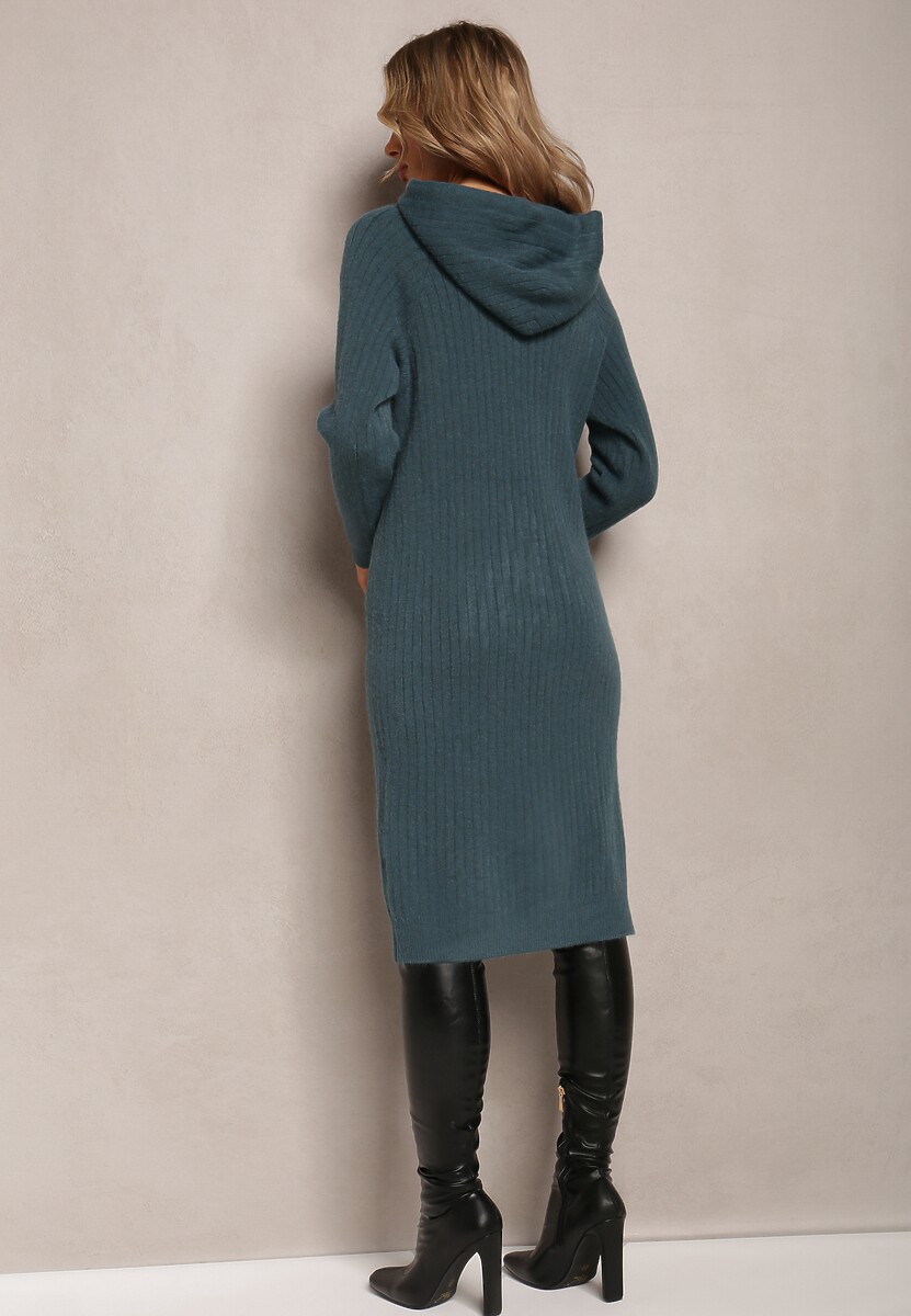 Ciemnozielona Wełniana Sukienka w Prążki z Kapturem Opiuda