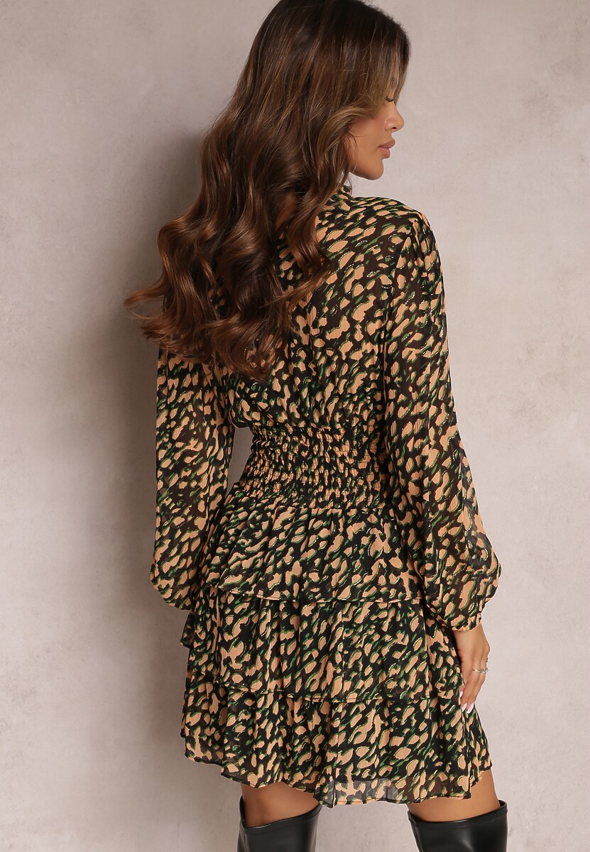 Beżowo-Zielona Mini Sukienka o Rozkloszowanym Fasonie Ozdobiona Brokatem Giannes