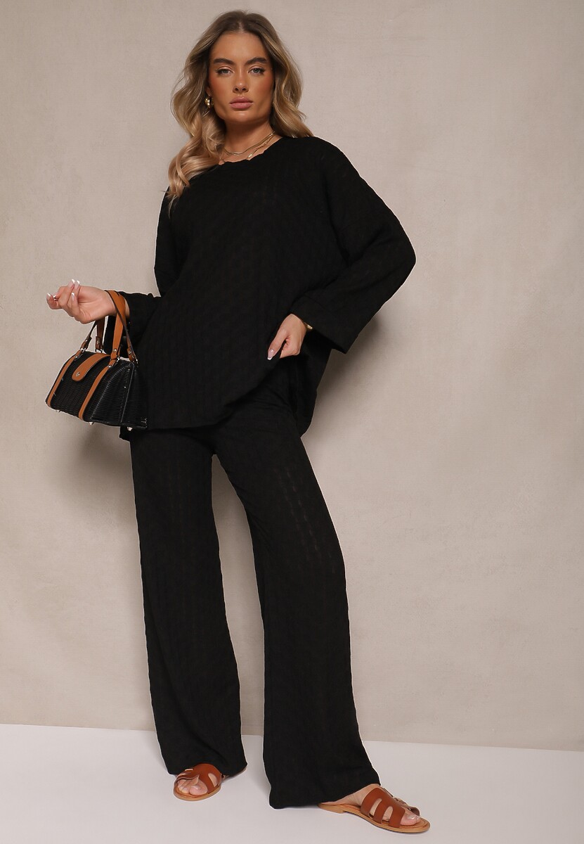 Różowy Komplet ze Spodniami o Szerokim Kroju i Bluzką z Długim Rękawem Caniffia