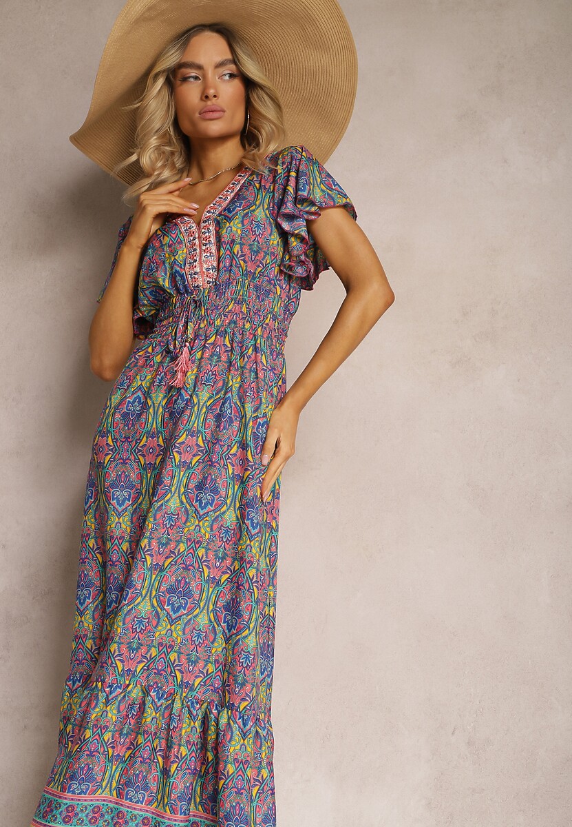 Różowo-Niebieska Rozkloszowana Sukienka w Etniczny Wzór z Krótkim Rękawem i Gumką w Pasie Zorisa