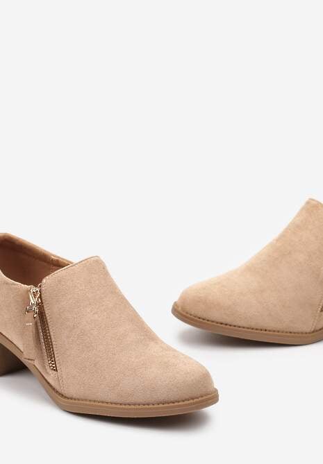 Ciemnobeżowe Półbuty na Słupku z Niską Cholewką Ozdobioną Suwakiem Ansolee