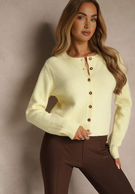 Żółty Prosty Kardigan z Wełną z Okrągłym Dekoltem Reianvela
