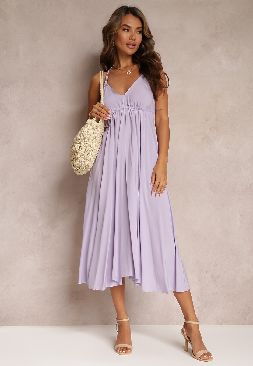 Fioletowa Sukienka Midi z Wiskozy i Wiązaniem na Szyi Alleve