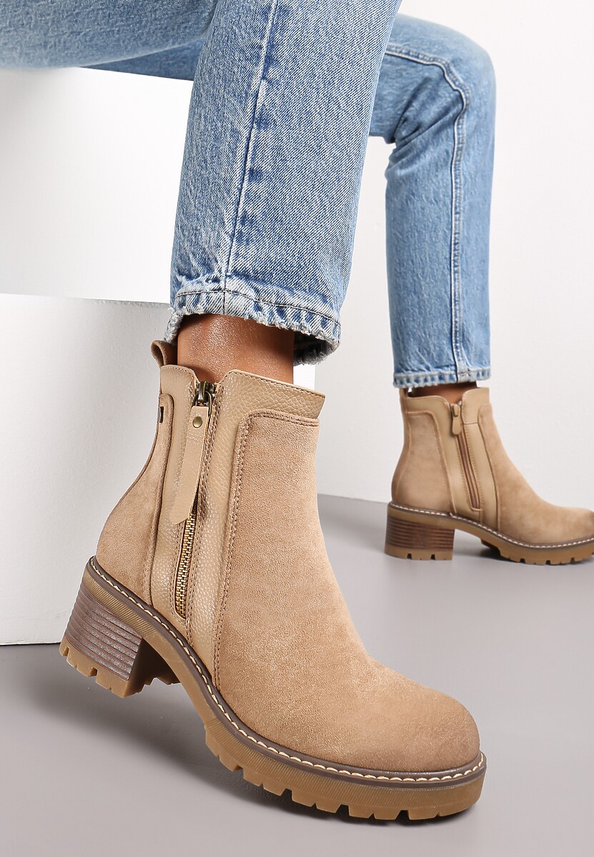 Beżowe Klasyczne Botki na Obcasie z Dekoracyjnym Suwakiem Vanim