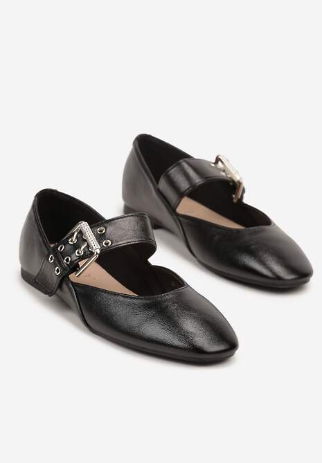 Czarne Balerinki Vices w Stylu Mary Jane ze Skórzaną Wkładką Rilaneia