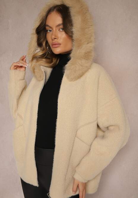 Beżowa Bluza z Wełną z Kapturem i Kieszeniami Ozdobiona Futerkiem Siliti