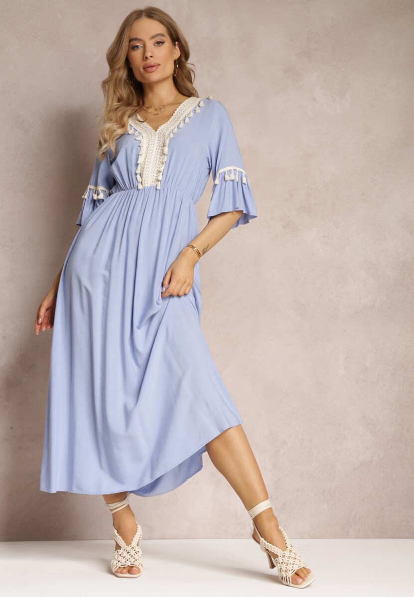 Niebieska Sukienka Maxi z Gumką w Talii z Ozdobnymi Chwostami z Wiskozy Zisel