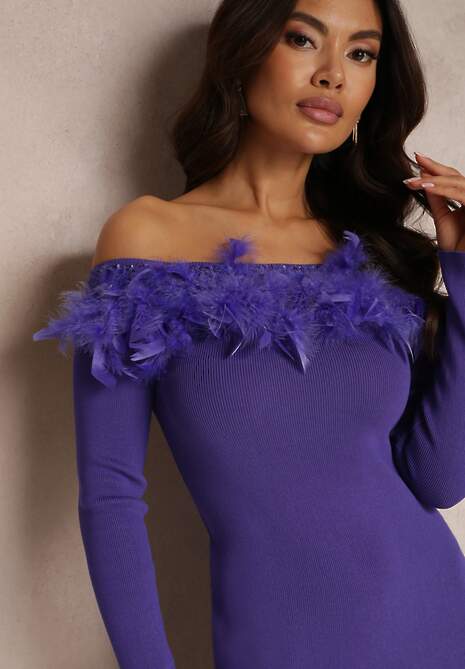 Ciemnofioletowa Sukienka Dzianinowa z Piórami Thanula