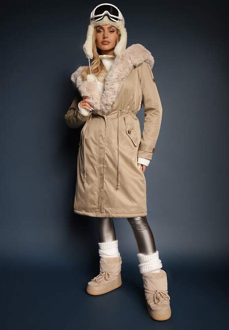 Beżowa Długa Kurtka Parka Nylonowa Płaszcz z Futrzanymi Wstawkami Rinale