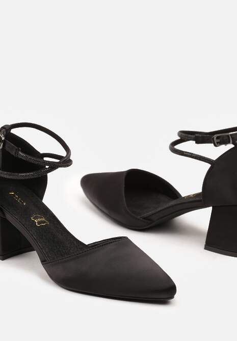 Czarne Czółenka Satynowe Vices na Słupku z Wkładką ze Skóry Naturalnej i Paskami z Cyrkoniami Riastella
