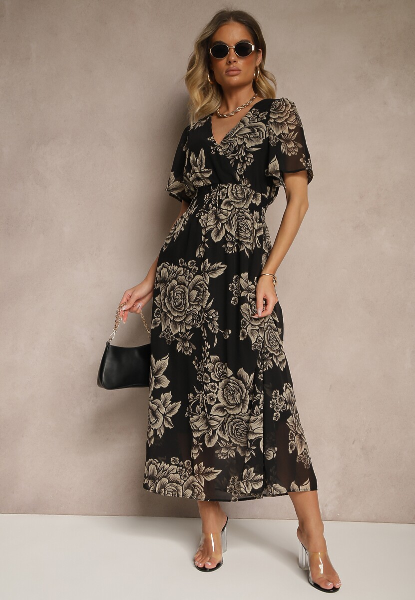 Czarna Rozkloszowana Sukienka z Wiązaniem w Kwiatowy Wzór Jeloiti