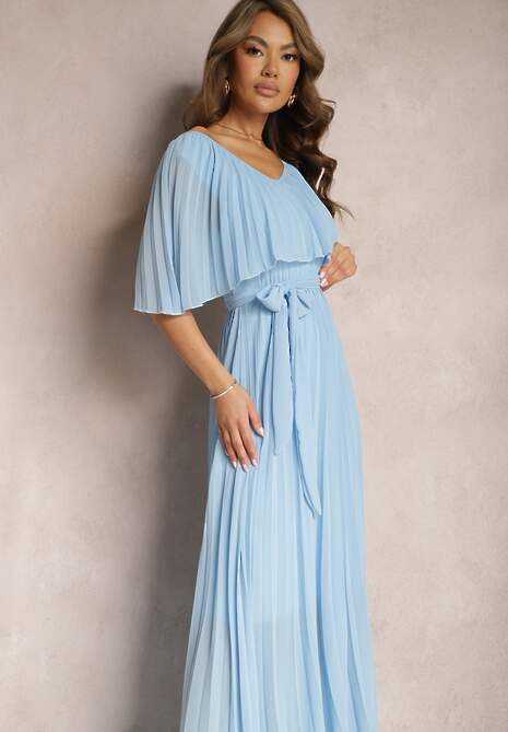 Niebieska Plisowana Sukienka z Gumką w Pasie z Falbaną Przy Dekolcie Drenia