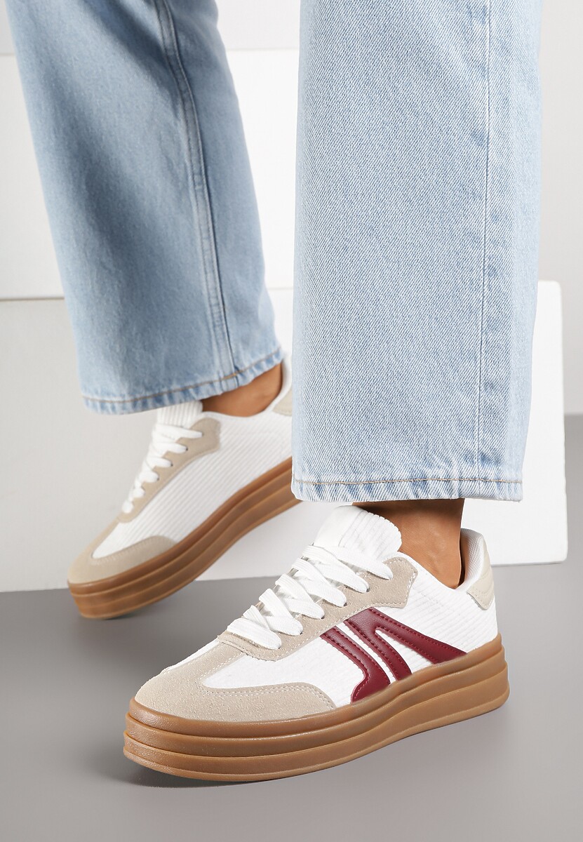 Białe Sneakersy Tenisówki na Platformie z Tłoczeniem i Geometrycznym  Motywem Kialie