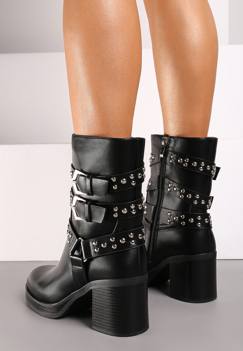 Czarne Botki w Stylu Biker z Licznymi Paskami z Nitami Nirinae