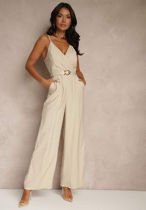 Beżowy Kopertowy Kombinezon z Wiskozy na Ramiączkach z Paskiem z Klamrą Modivla