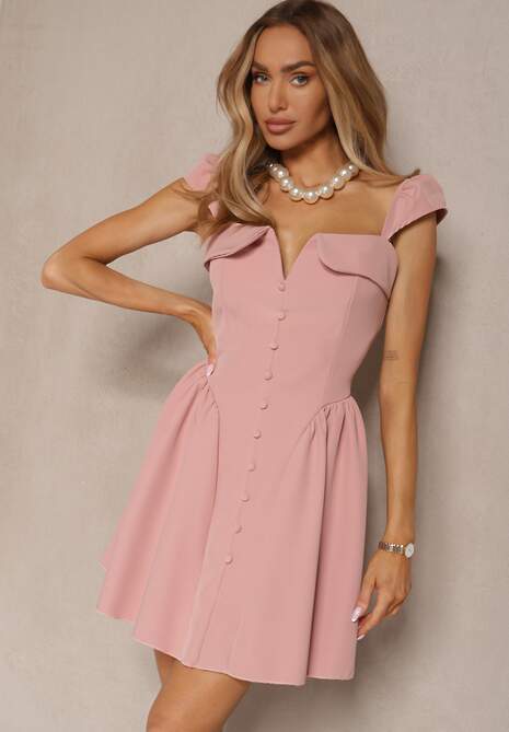 Ciemnoróżowa Sukienka o Rozkloszowanym Kroju na Ramiączkach z Ozdobnym Dekoltem Salaviel