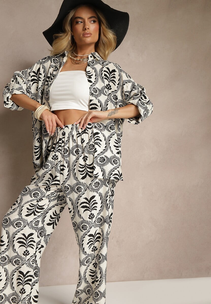 Zielony Komplet z Motywem Roślinnym Koszula i Spodnie Divisla