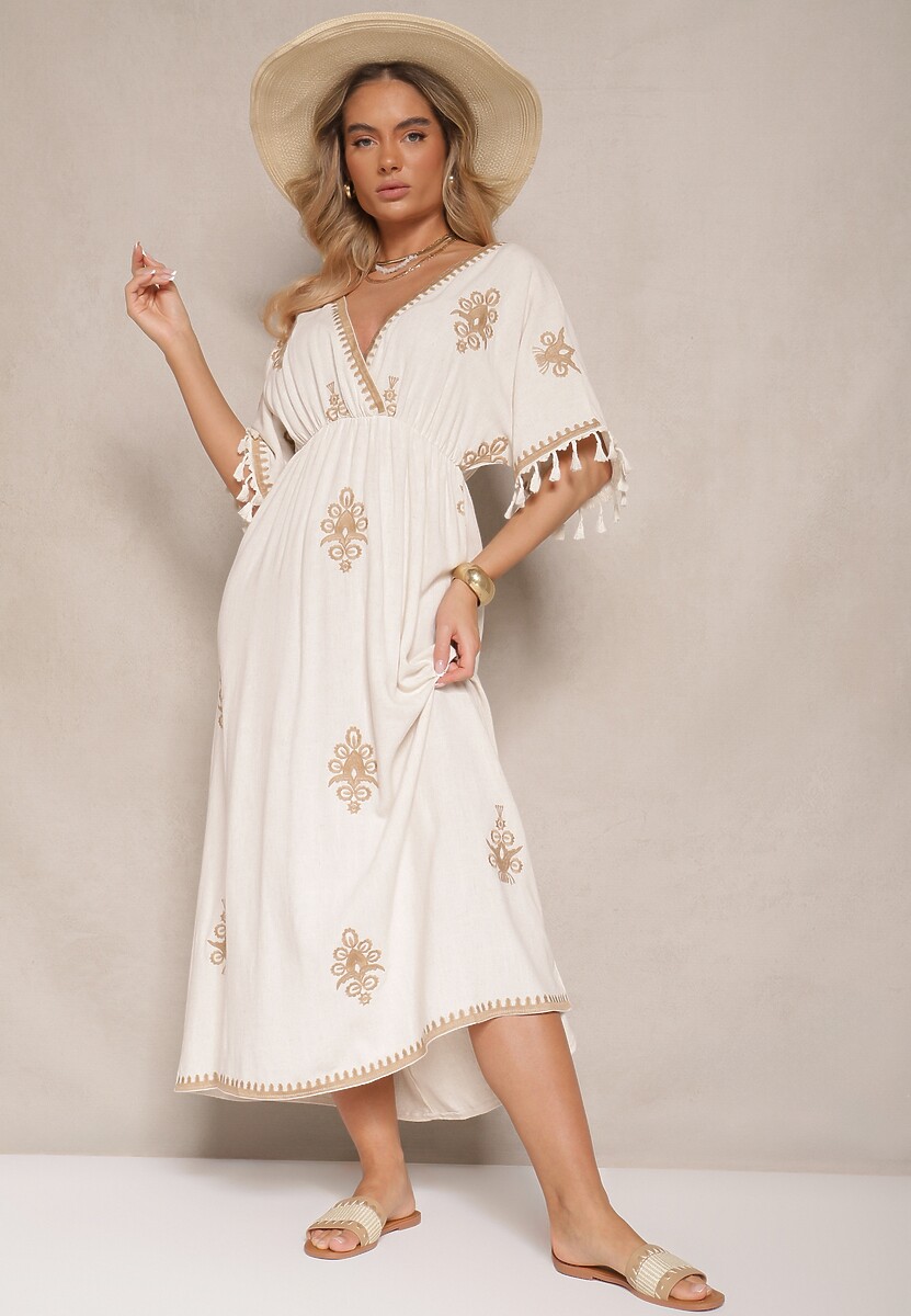 Beżowa Kopertowa Sukienka z Lnu i Wiskozy Zdobiona Haftem i Wiązaniem Deselira