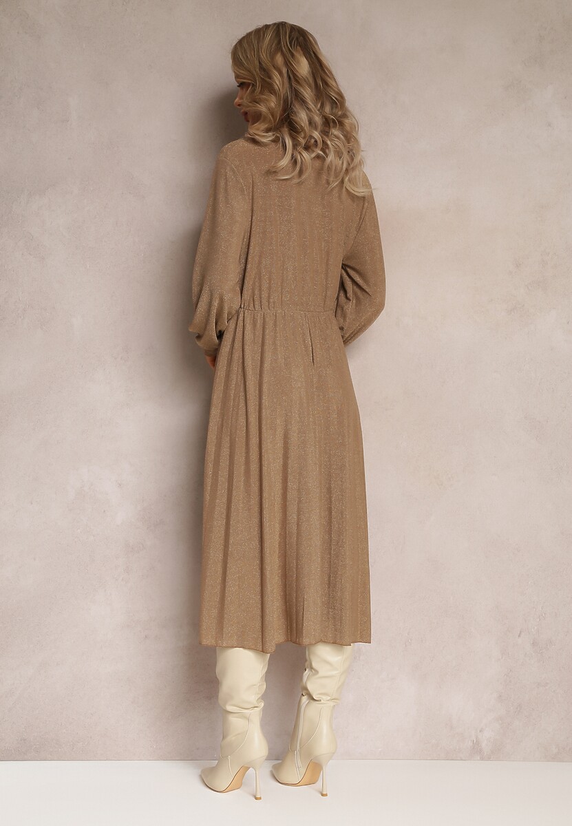 Beżowa Sukienka z Kołnierzykiem i Plisowanym Dołem Zade