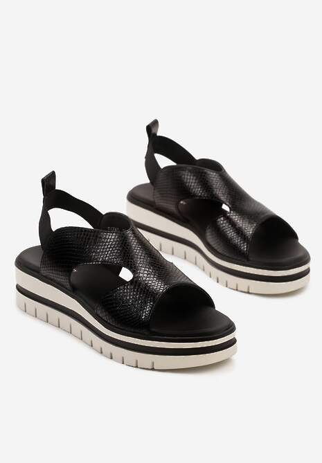 Czarne Sandały na Platformie Ozdobione Tłoczeniem Mevalisse