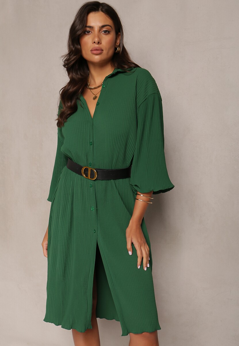 Ciemnozielona Plisowana Sukienka Midi z Kołnierzem i Guzikami Danitza