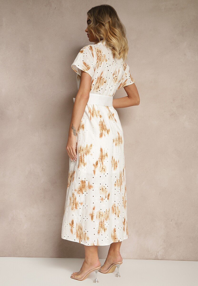 Biało-Pomarańczowa Bawełniana Sukienka z Ażurowym Zdobieniem o Koszulowym Kroju z Paskiem Velpio