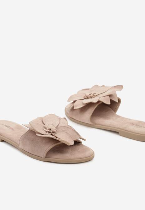 Różowe Klapki z Ekozamszu na Płaskiej Podeszwie z Ozdobnym Kwiatem Ellesara