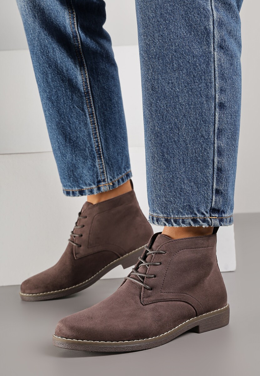 Brązowe Botki Vices o Klasycznym Fasonie Trzewików z Imitacji Zamszu Ativitta