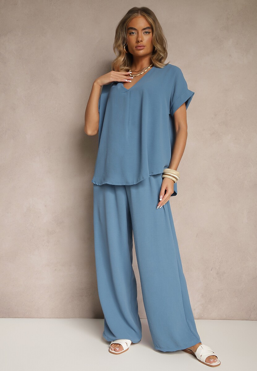 Jasnoniebieski Komplet Bluzka i Luźne Spodnie z Wiskozą i Kieszonkami Efraria