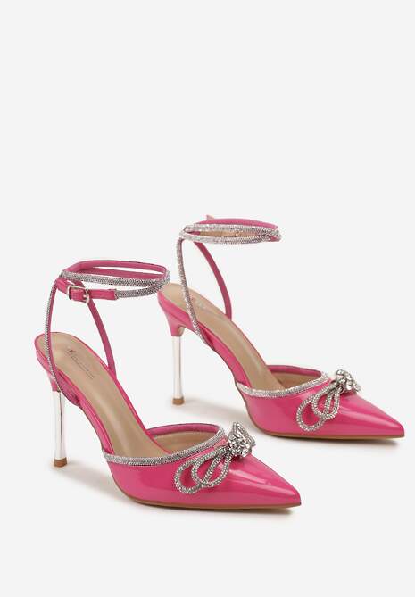 Fuksjowe Sandały na Szpilce z Ozdobną Kokardką i Paskami w Cyrkonie Vivalai