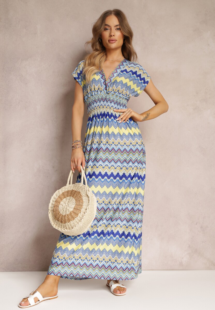 Niebieska Wzorzysta Sukienka Maxi z Gumką w Talii i Rozkloszowanym Dołem Noareya